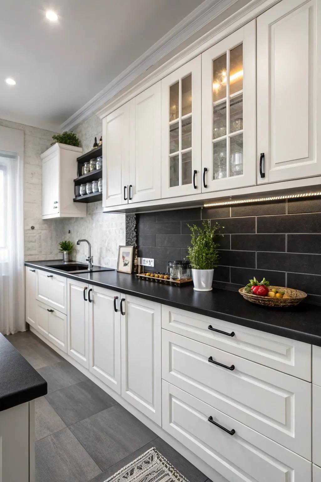 Ebony countertops coordinated with bright cupboards for a classic contrast.
