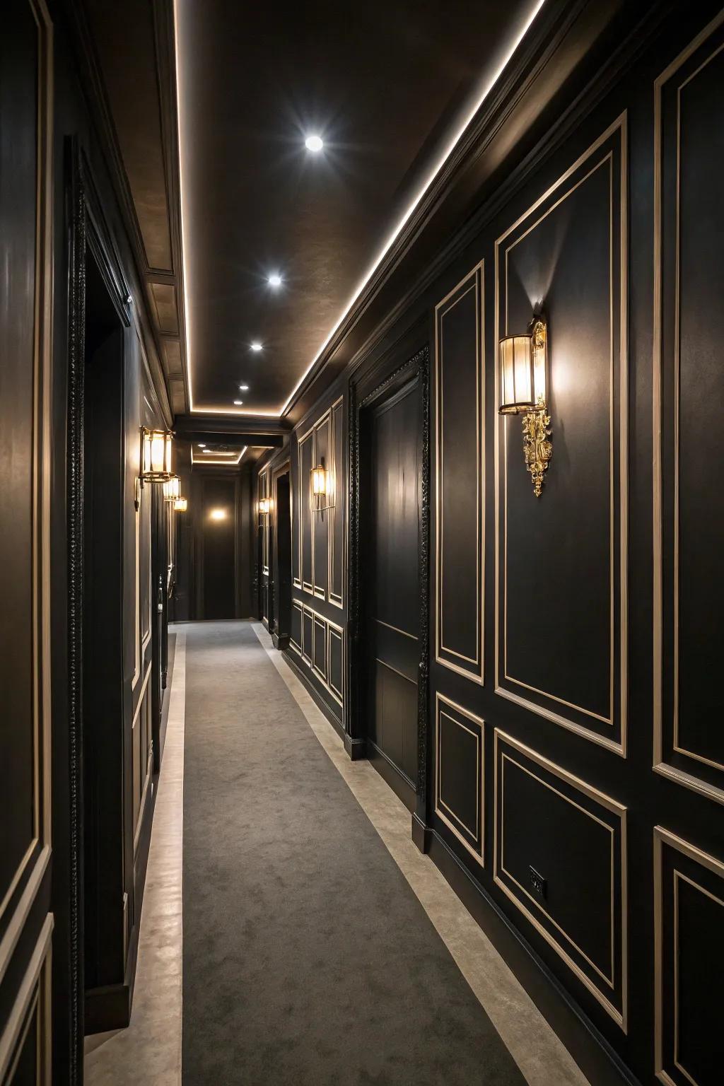 Dark walls create a stage for an audacious and sophisticated entryway.