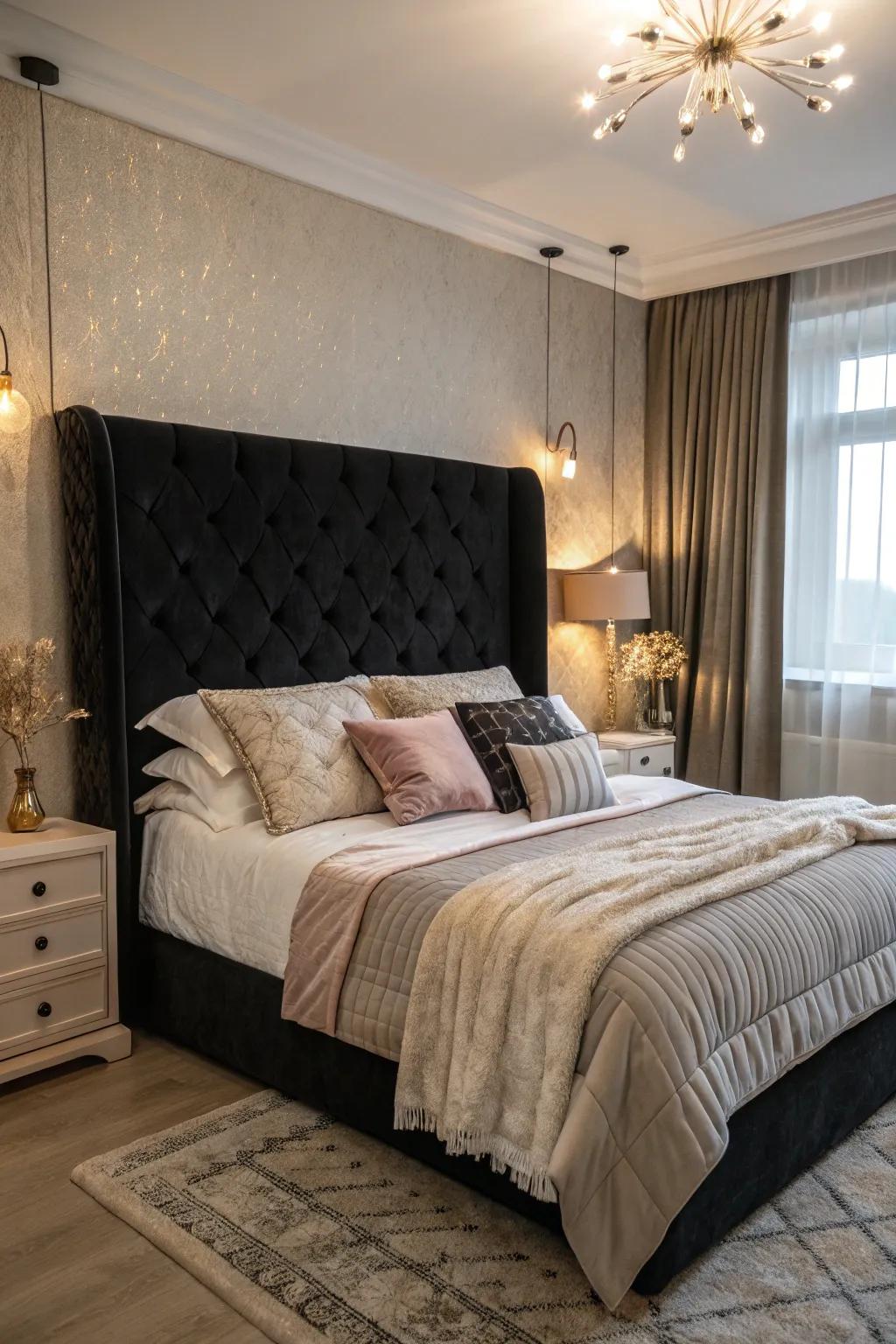 Luxurious bedroom featuring a velvet dark headboard and comforting decor
