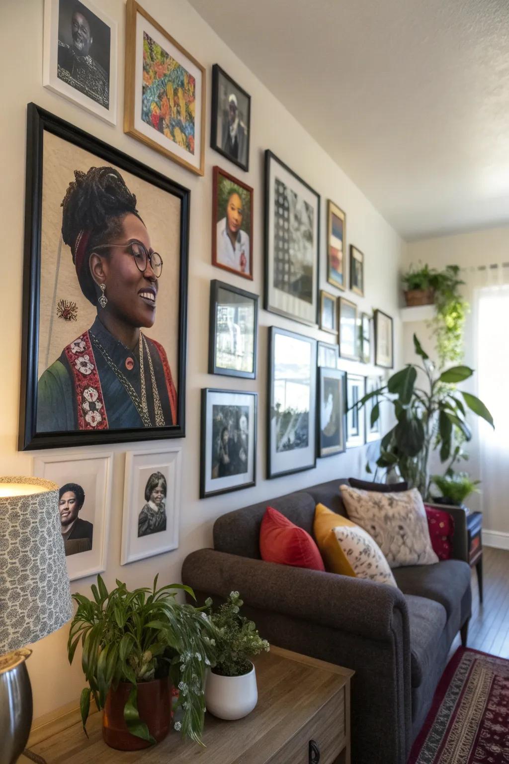 A gallery wall filled with faces and sayings of renowned leaders.