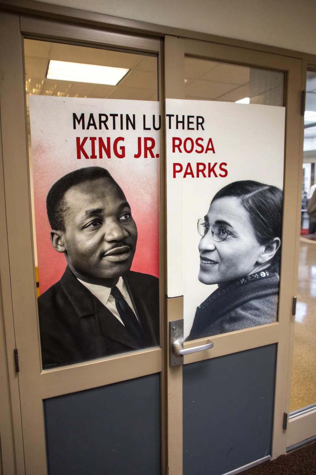 A door paying tribute to Martin Luther King Jr. and Rosa Parks, featuring impactful visuals and quotes.