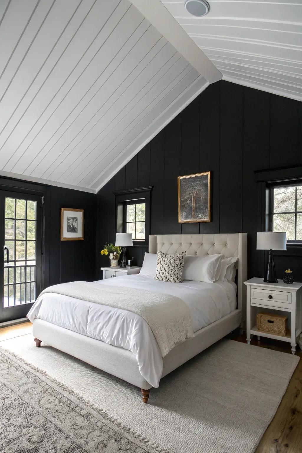 Walls in obsidian craft a dramatic backdrop for your primary bedroom.