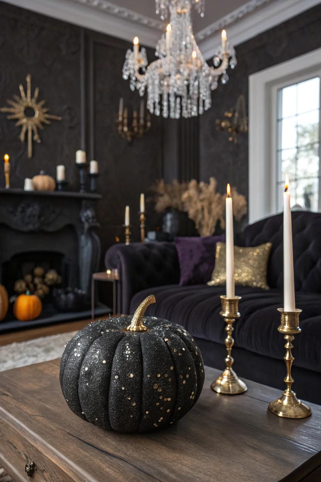 A glittering gothic black pumpkin that enhances the elegance of any space.