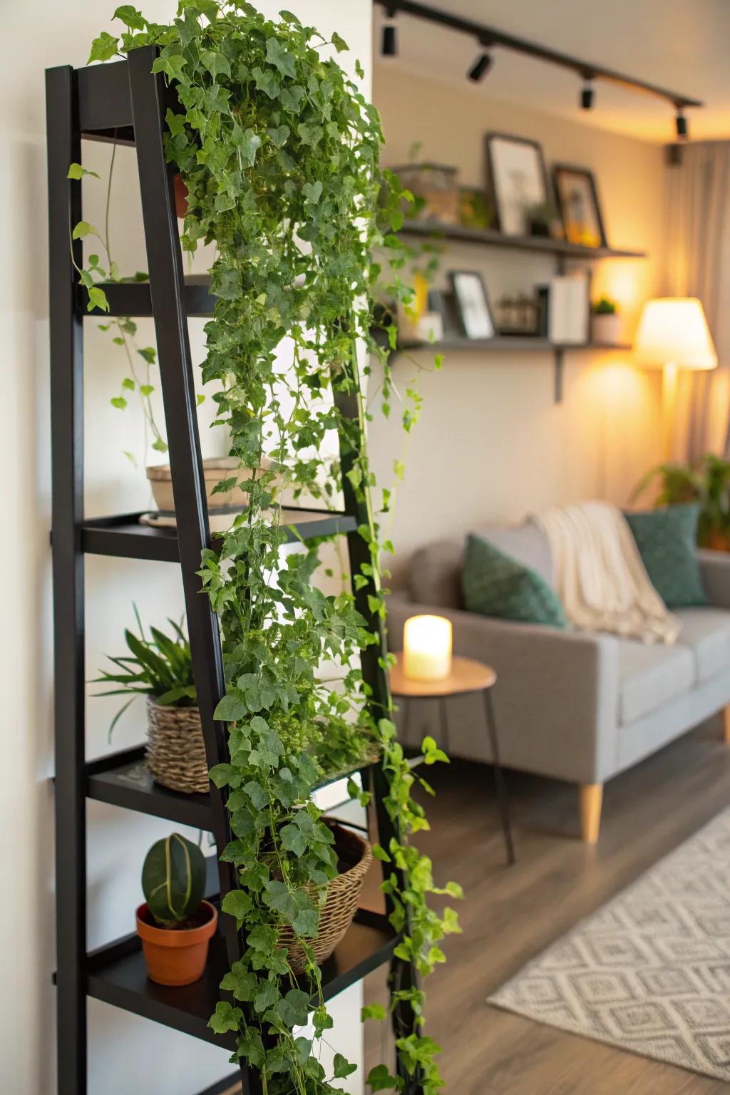 Greenery draping gracefully over a dark shelf, creating a vibrant juxtaposition.