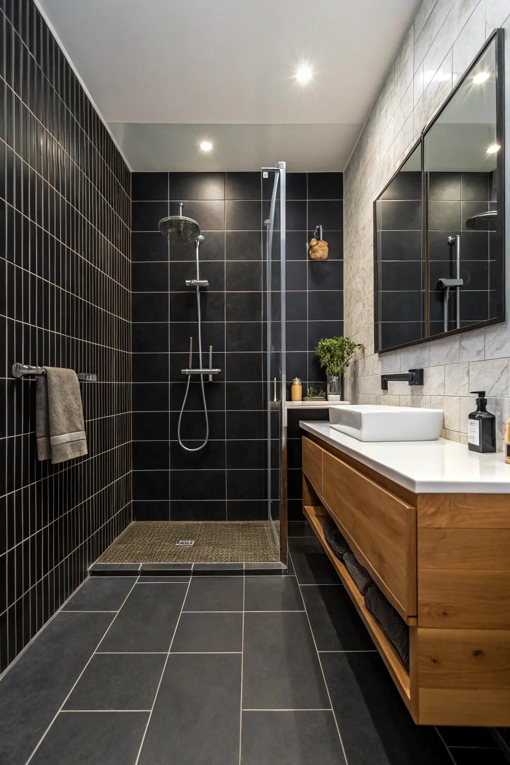 Dramatic ebony backdrops establish a stylish bathing atmosphere.
