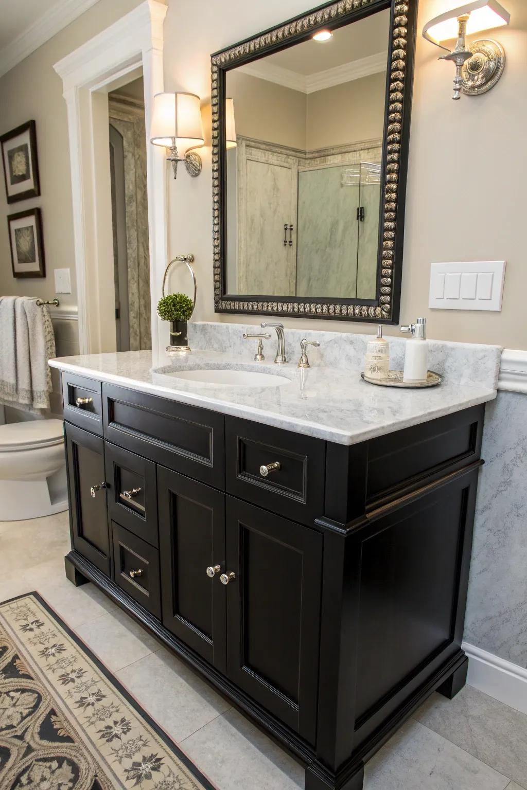 The ageless charm of dark and light creates a serene and fashionable bathroom ambiance.
