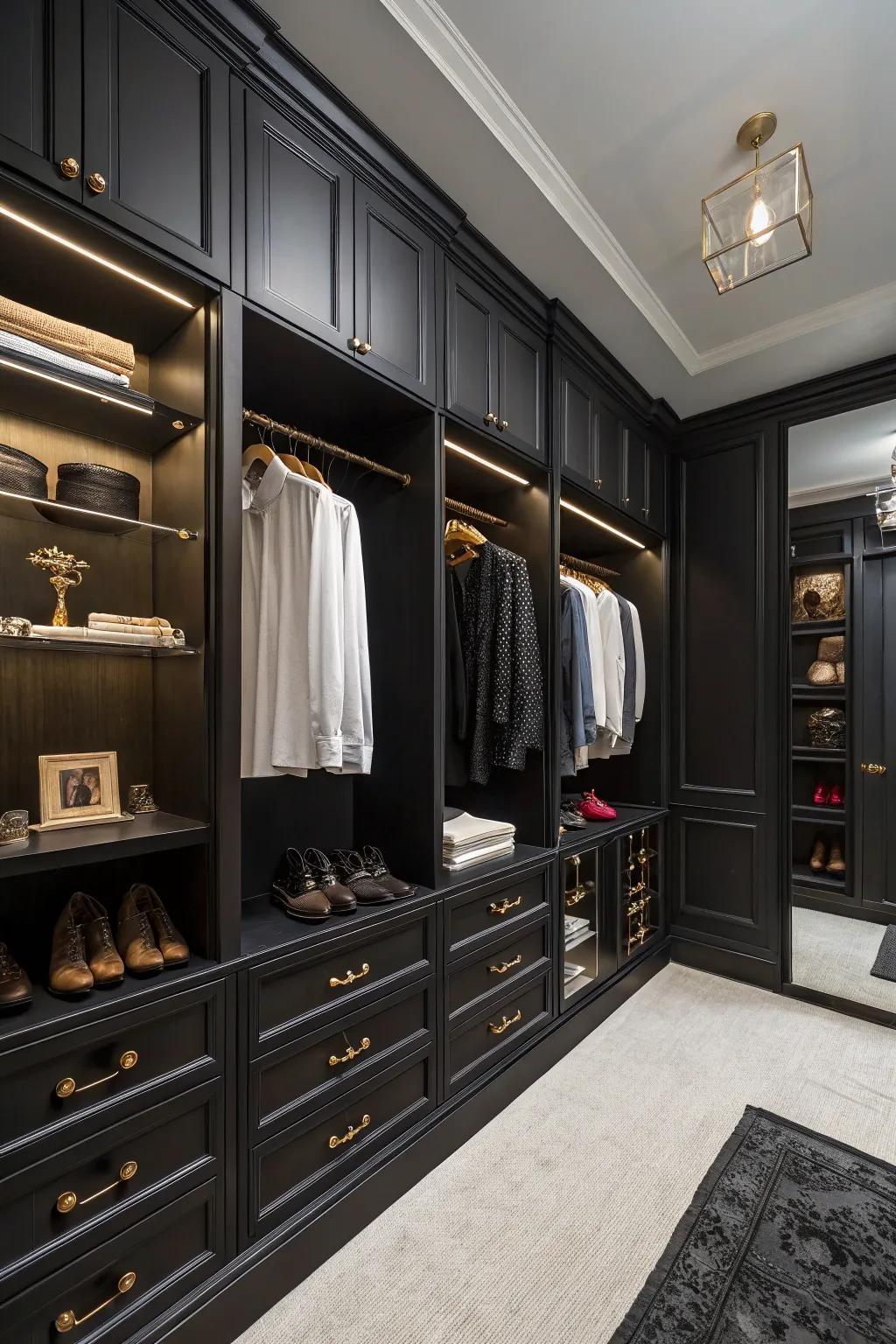 A walk-in closet leveraging a dark color scheme to highlight a personal aesthetic.