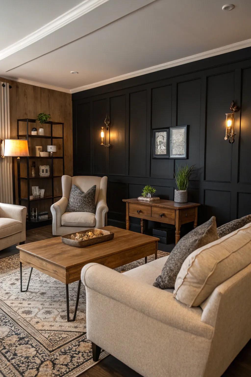 An inviting living area showcasing a prominent dark accent wall.
