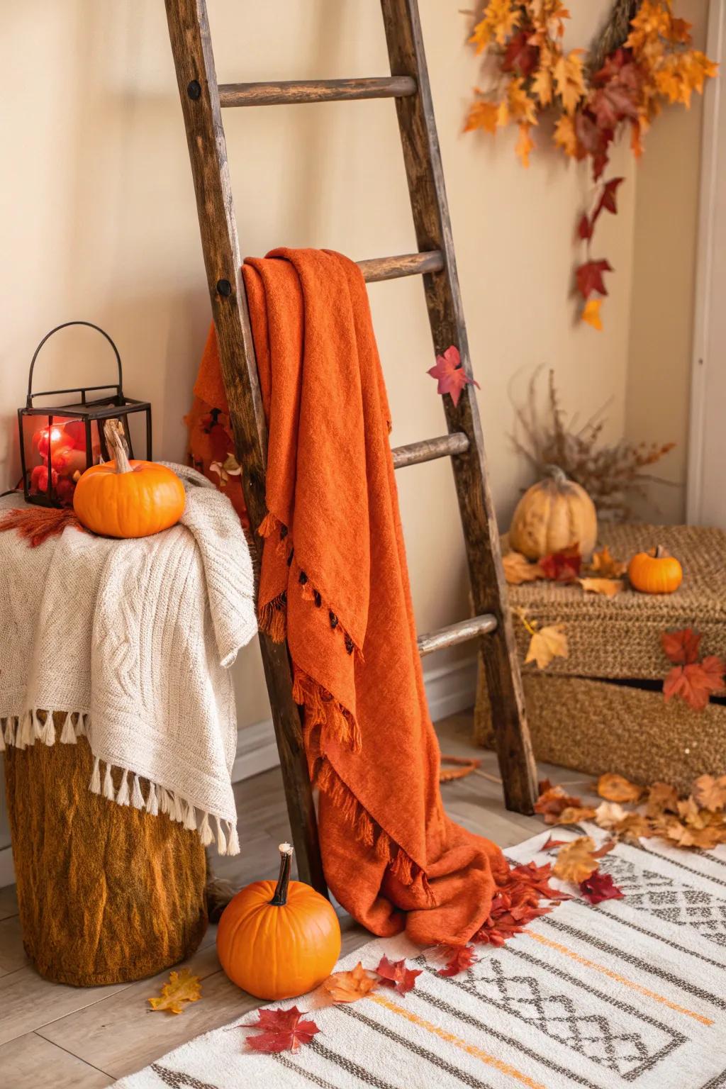 Seasonal touches on a blanket ladder bring the charm of fall indoors.