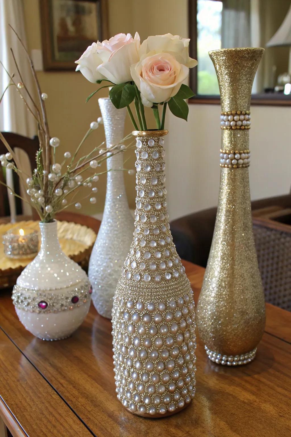 Vases enhanced with sparkling stones for a glamorous effect.