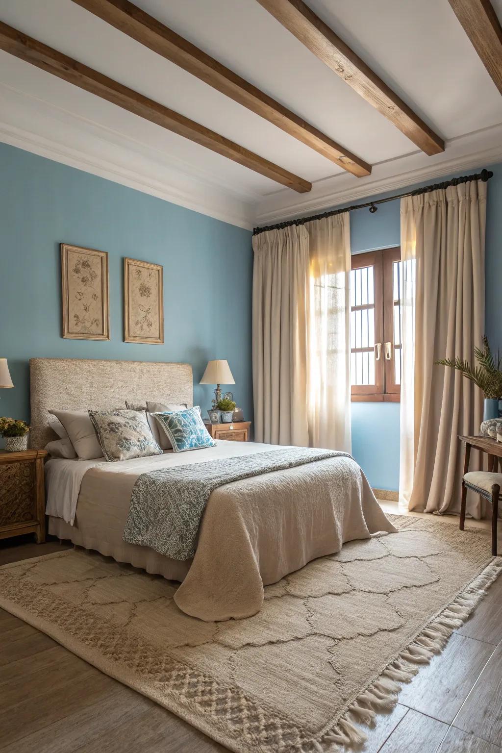Beige highlights paired with blue walls create a tranquil, beach-inspired escape.