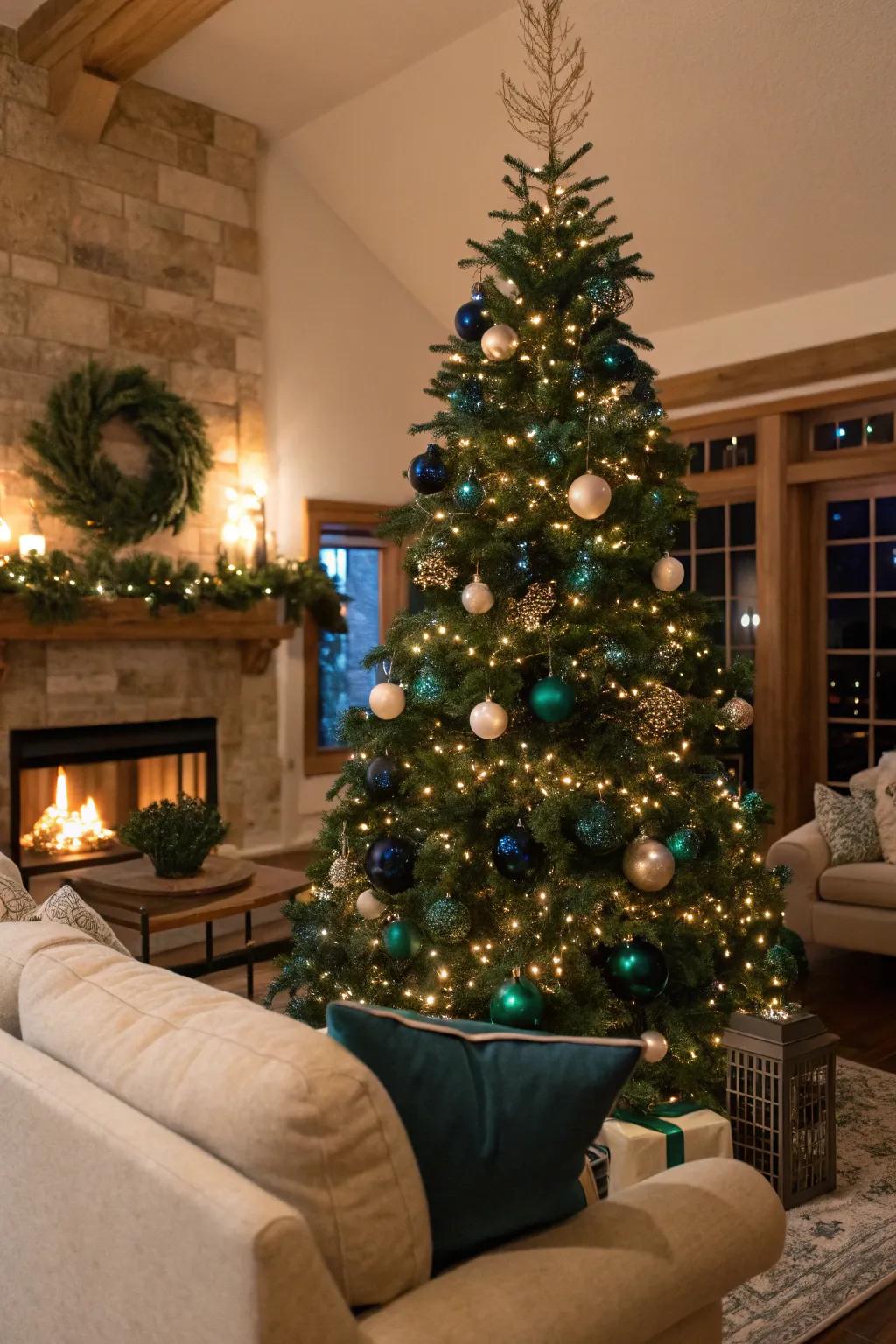 A classic blue and green Christmas tree adorned with ornaments radiating elegance and a comforting glow.