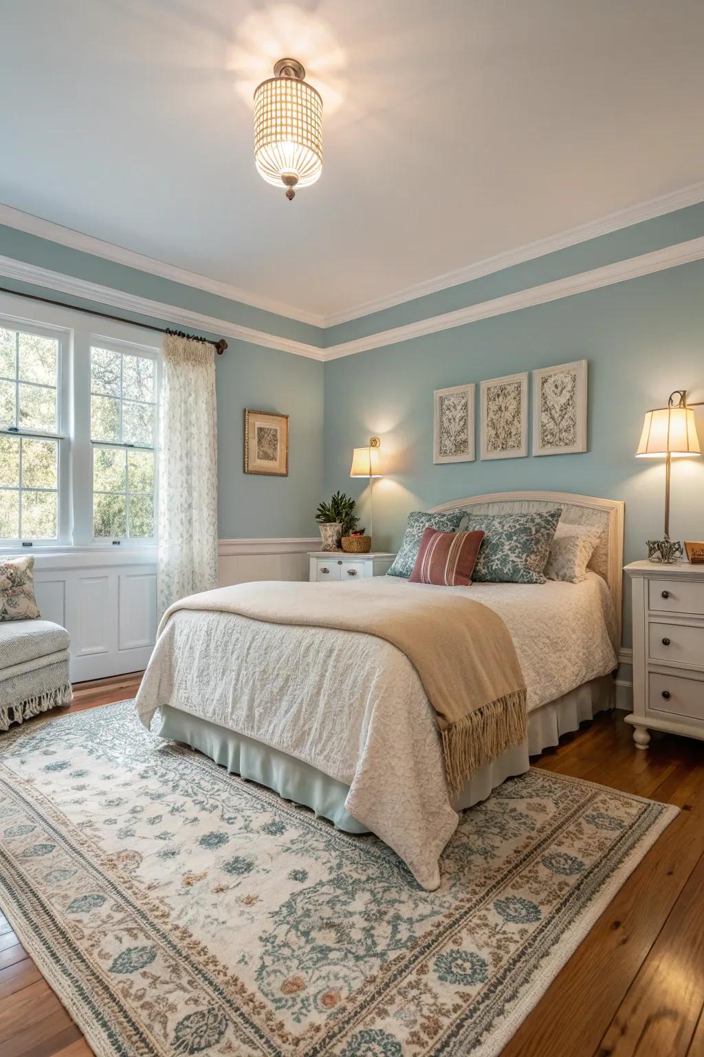Gentle blue walls set a tranquil, welcoming tone in a bedroom.