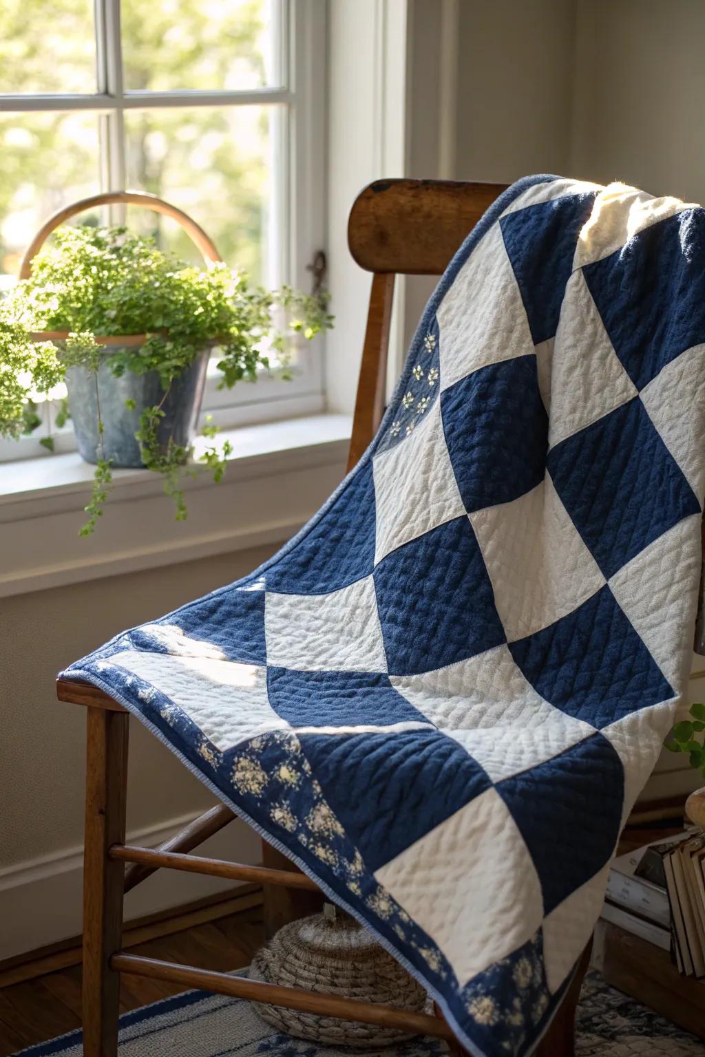 Experience the charm where timeless elegance encounters artistry: Explore the allure of traditional blue and white squares quilts.
