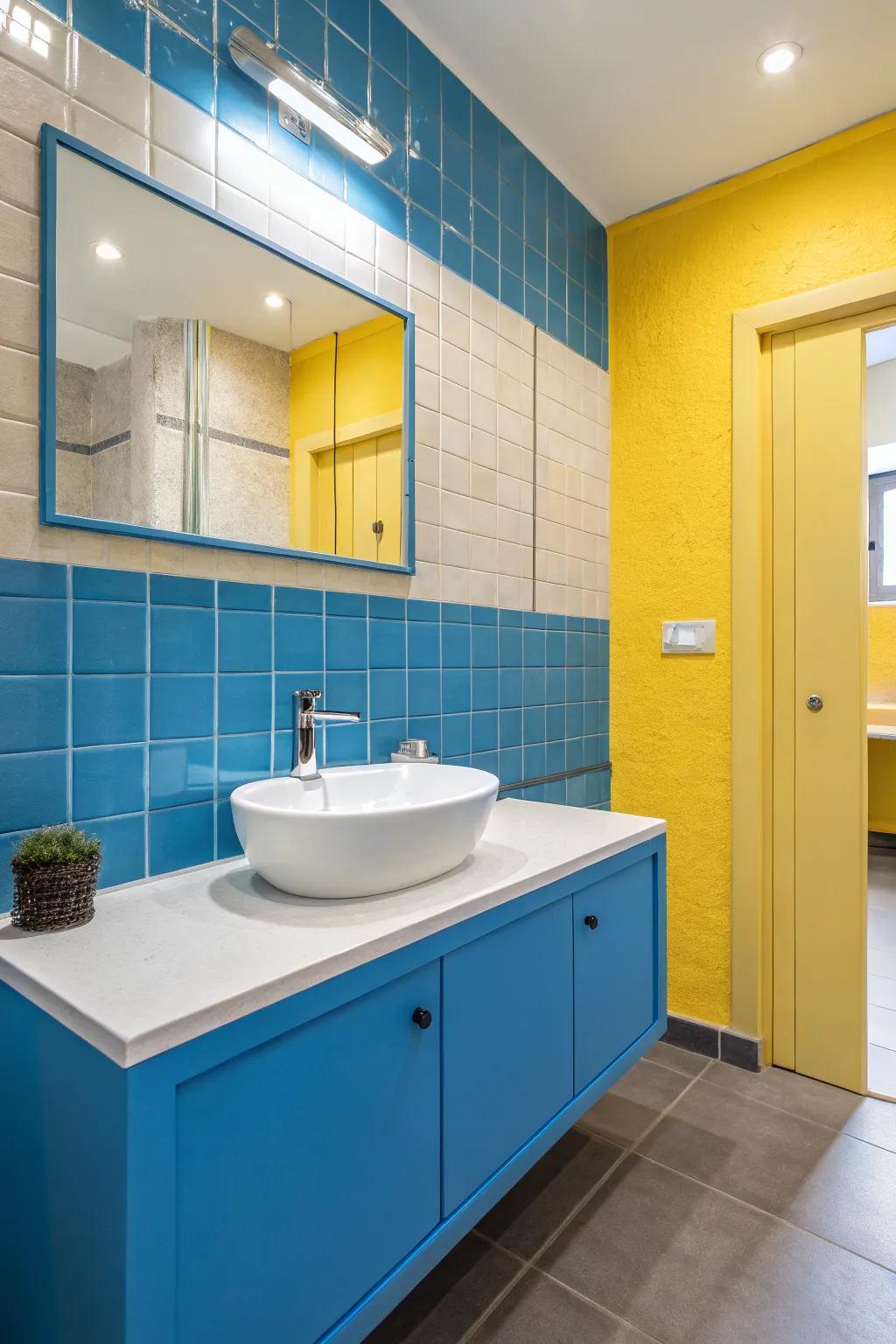 Vivid blue and yellow walls fashion a dynamic focal point in the bathroom.