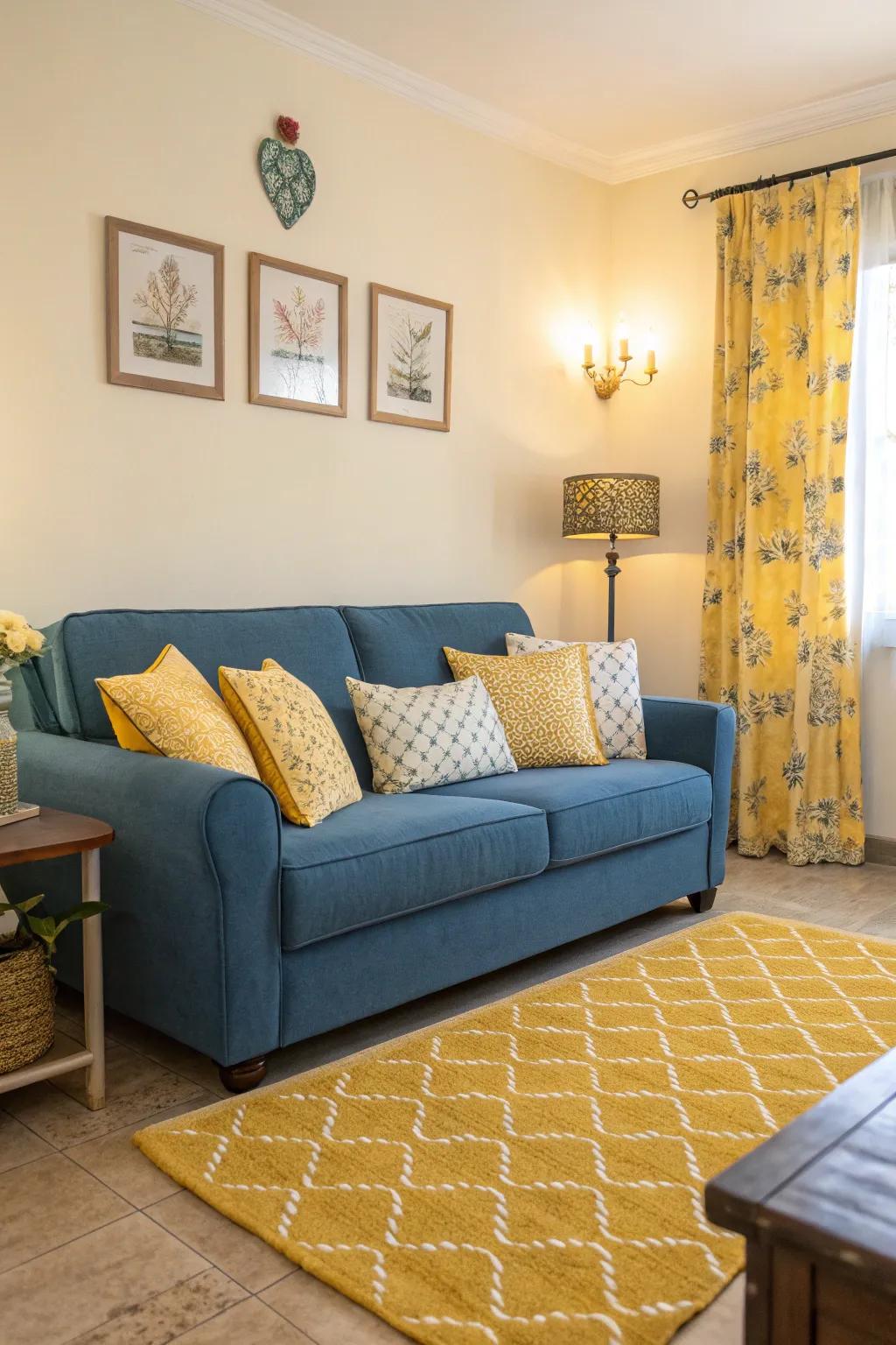 A welcoming living room featuring a sky-toned couch and golden sunburst pillows for a radiant ambiance.
