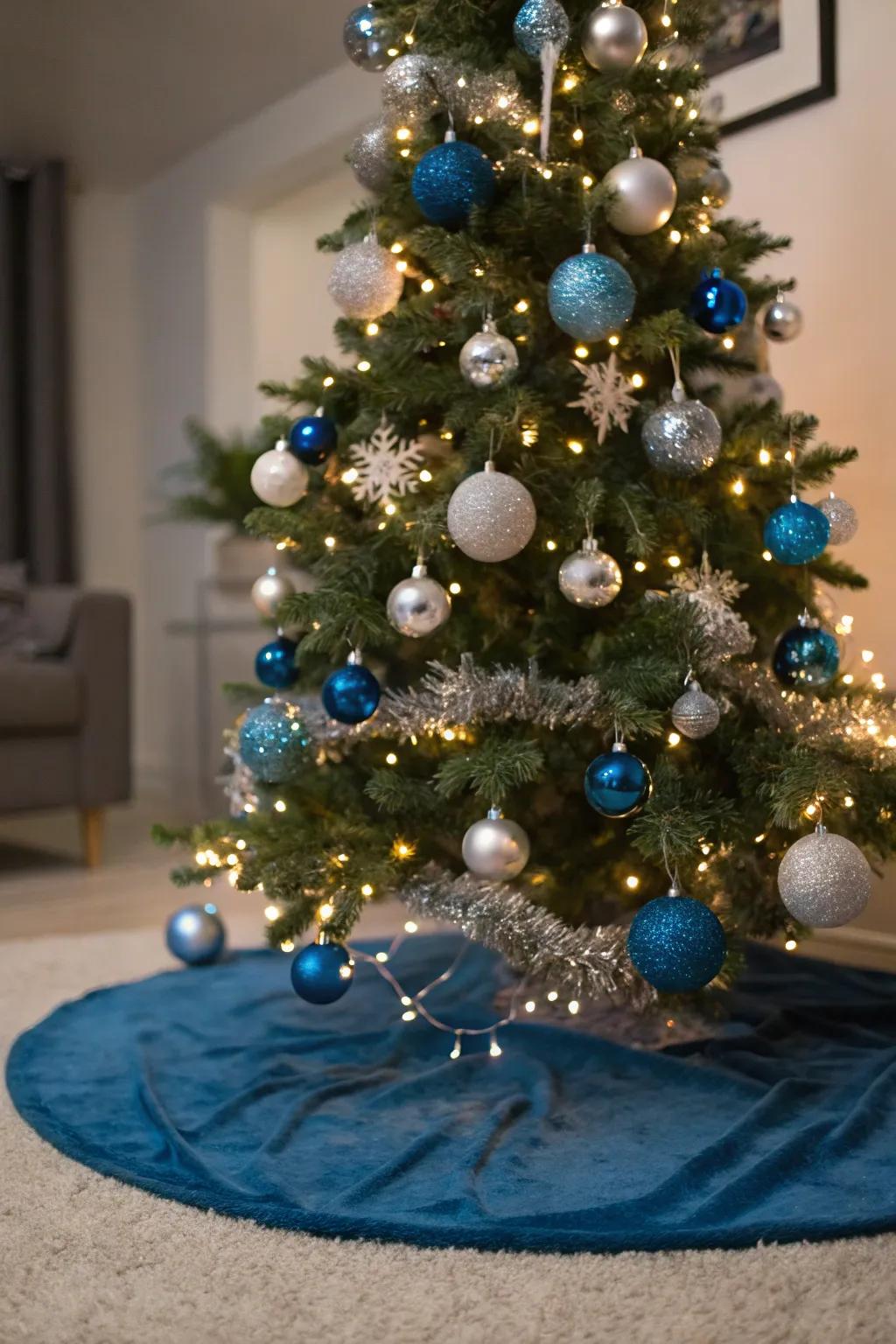 A breathtaking Christmas tree adorned in blue and argent