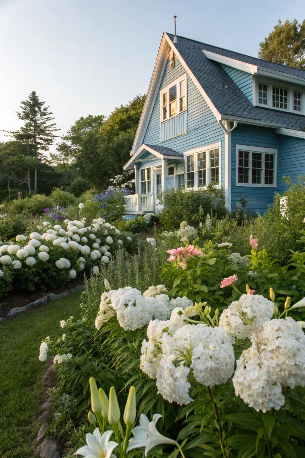 White blooms create a dramatic visual when set against an azure house.