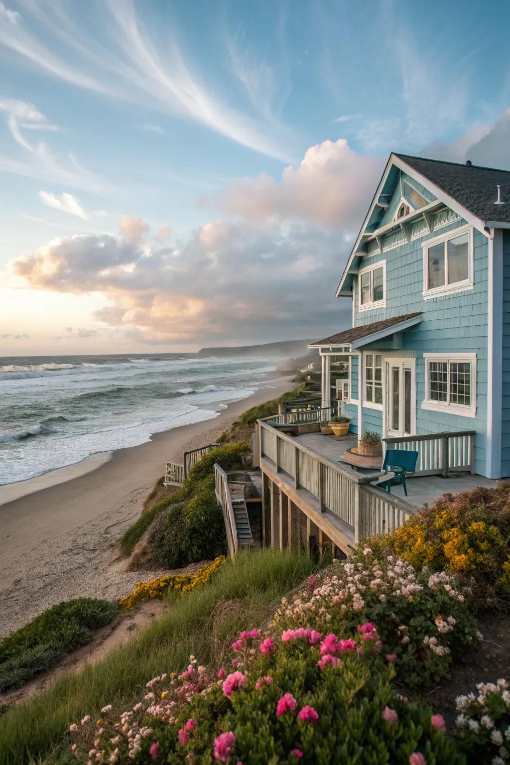 Light blue exteriors create a soothing coastal vibe.
