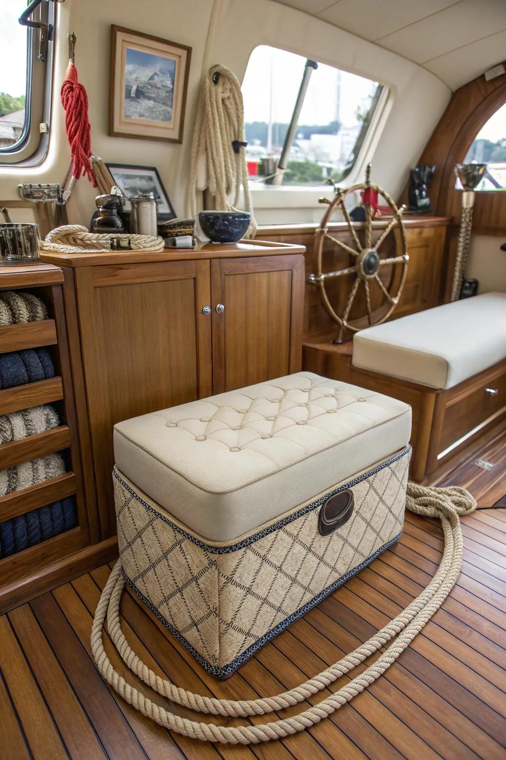 An elegant ottoman featuring concealed storage perfectly matches the nautical decor of the boat.