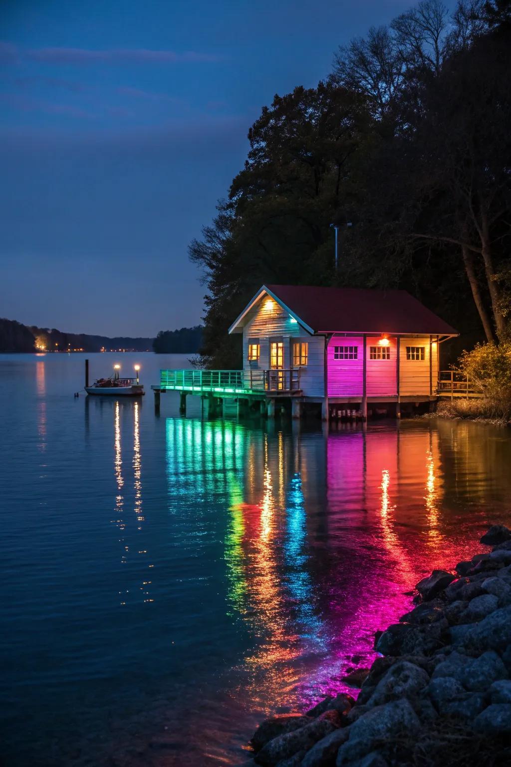 Underwater lights cast an enchanting glow around the boat house, causing the water to sparkle with color.