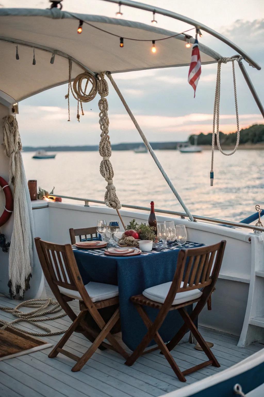 A clever eating arrangement featuring a collapsible surface, which is great for compact boat interiors.