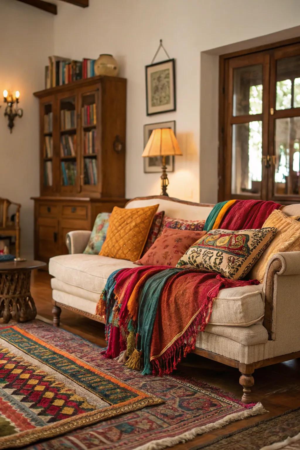 Interwoven textiles fashion a snug and welcoming ambiance.