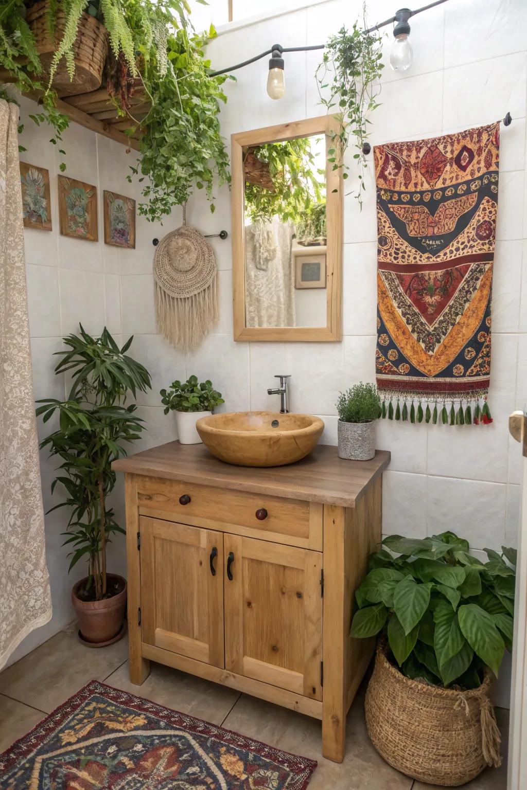 A boho bathroom featuring a magnificent natural timber vanity alongside vibrant plants.
