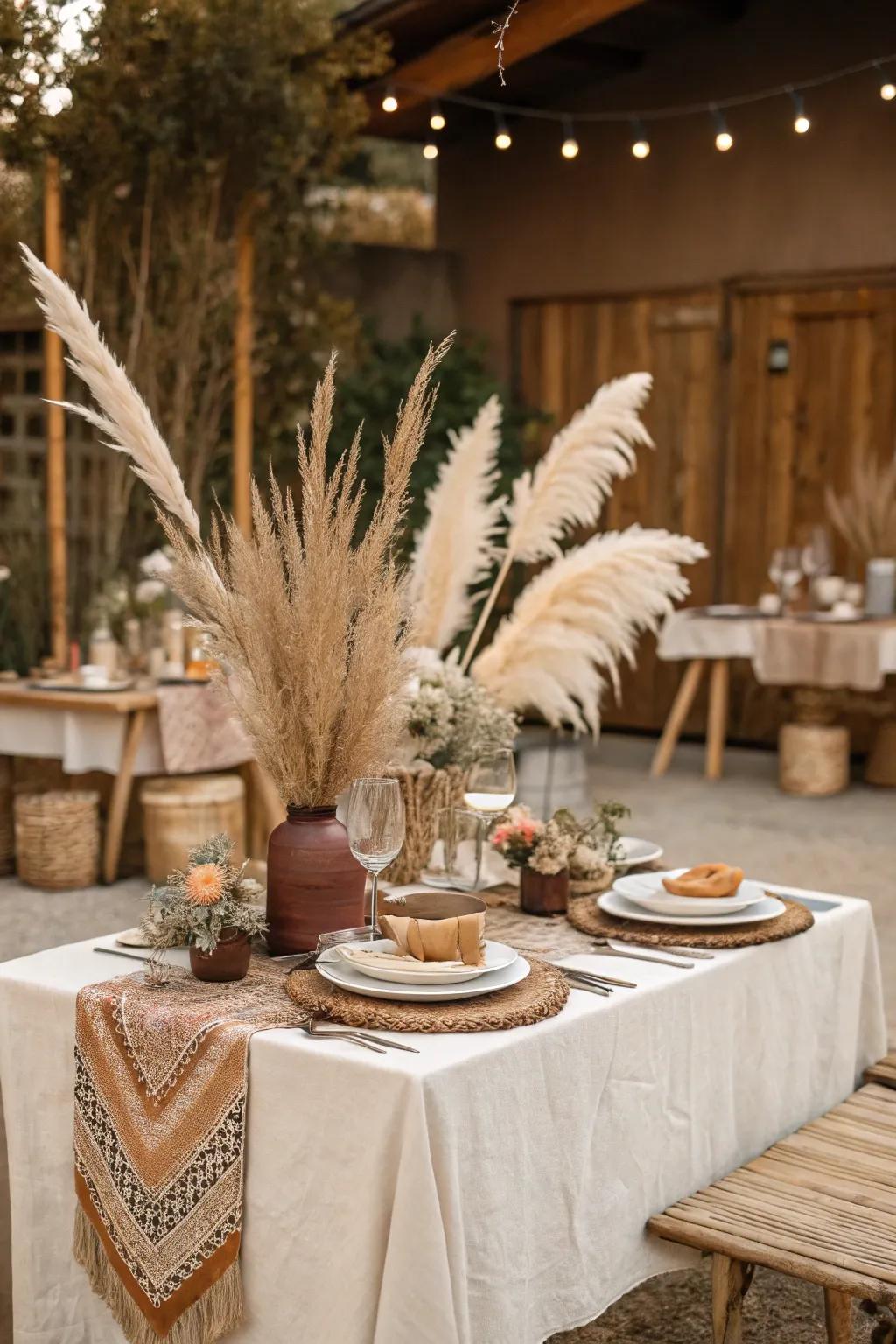 Ornamental reed brings a touch of sophistication to boho bridal shower decor.