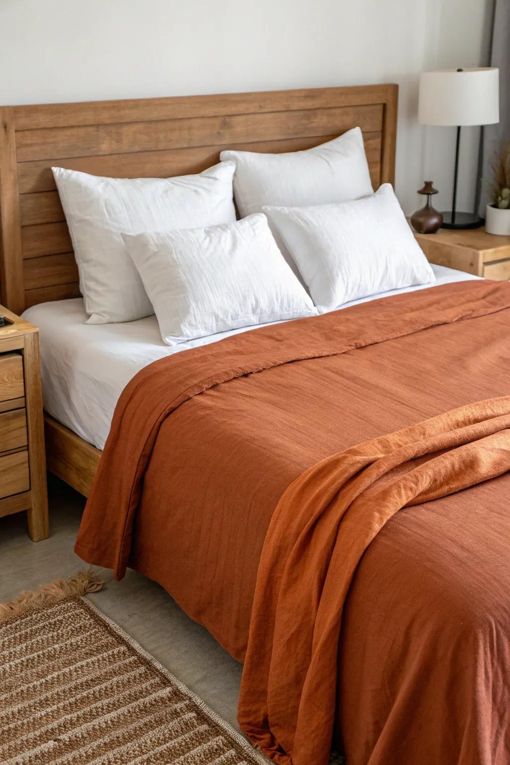 Burnt orange bedding developing a cozy focal point.