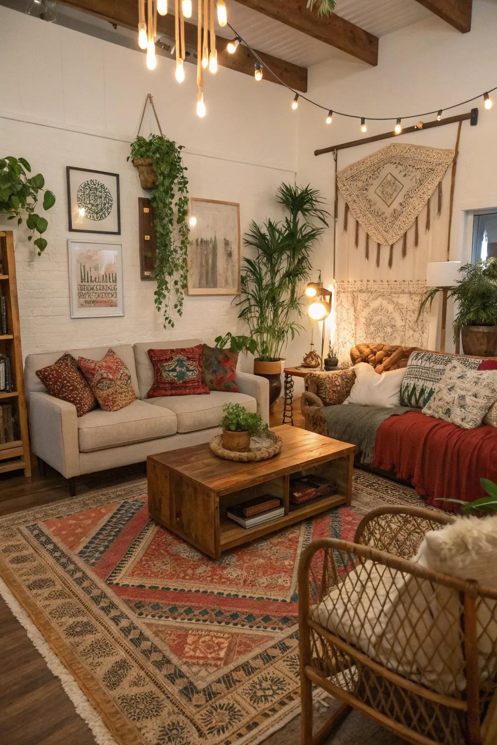 A diverse living area showcasing a mix of furniture designs.