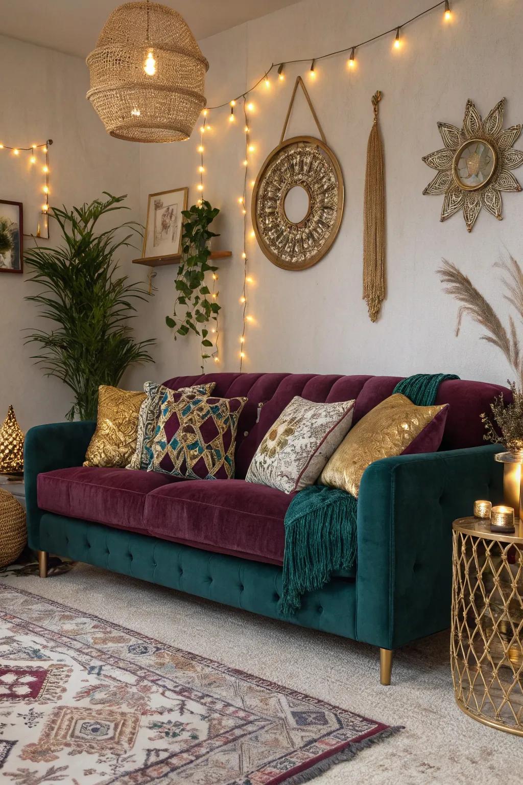 A rich jewel-toned velvet sofa introduces a glam touch to this boho space.