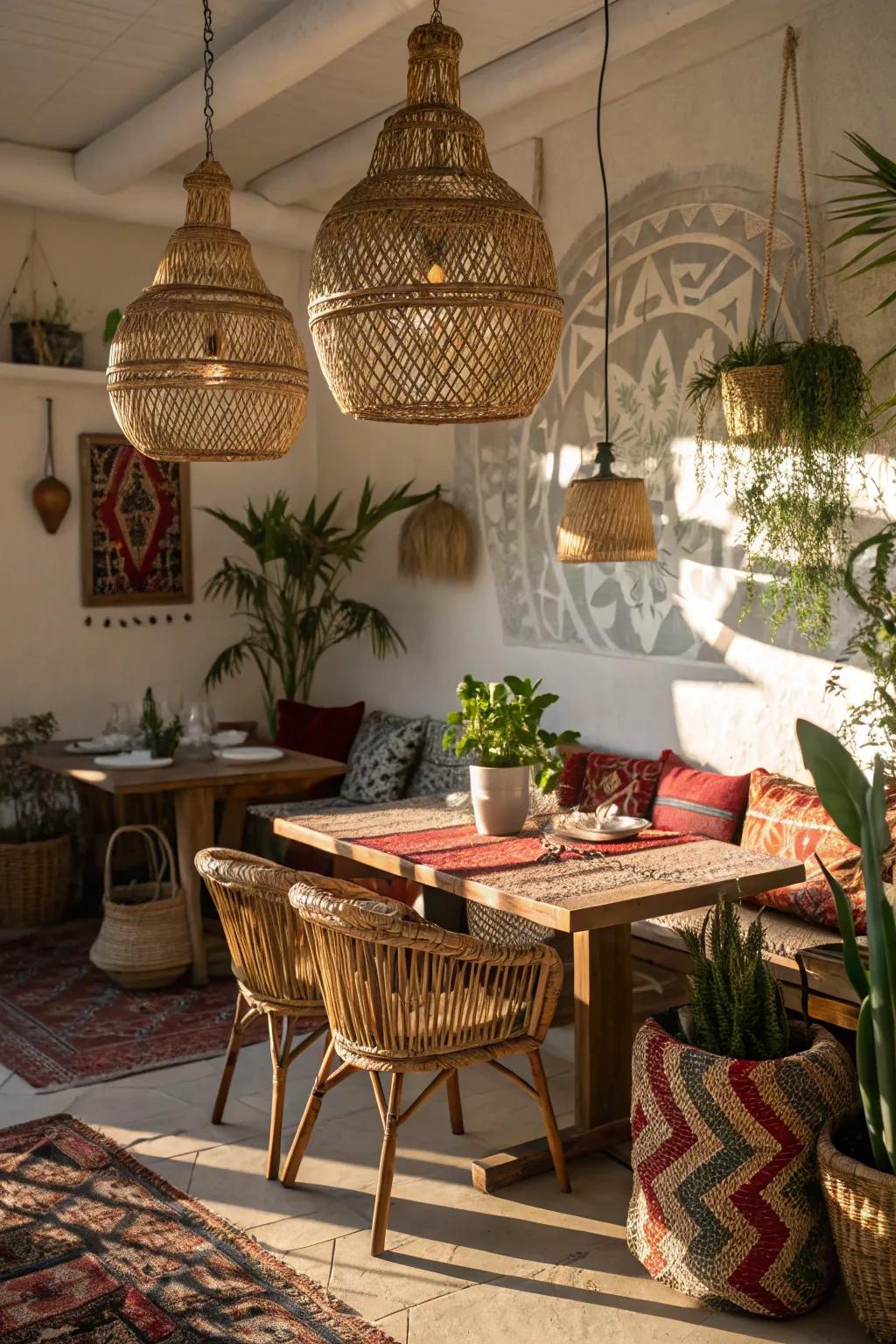Rattan weave pendants paint captivating shadows in a bohemian dining setting.