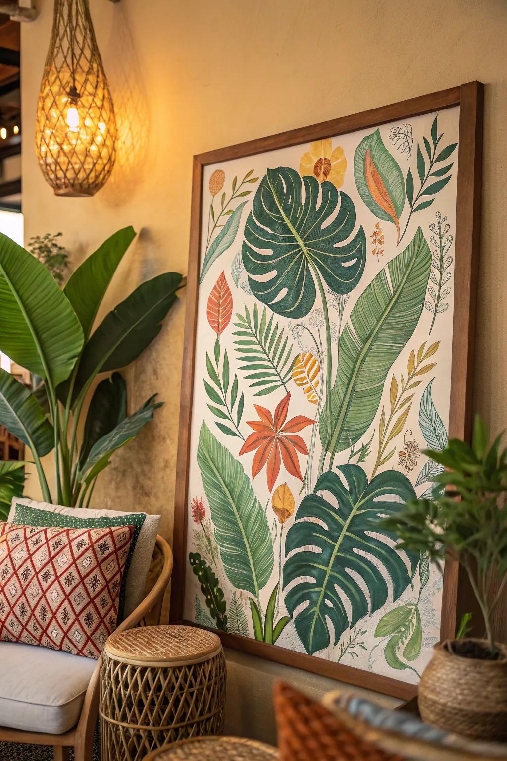 A boho painting that honors nature's beauty through abundant greenery and botanical elements.