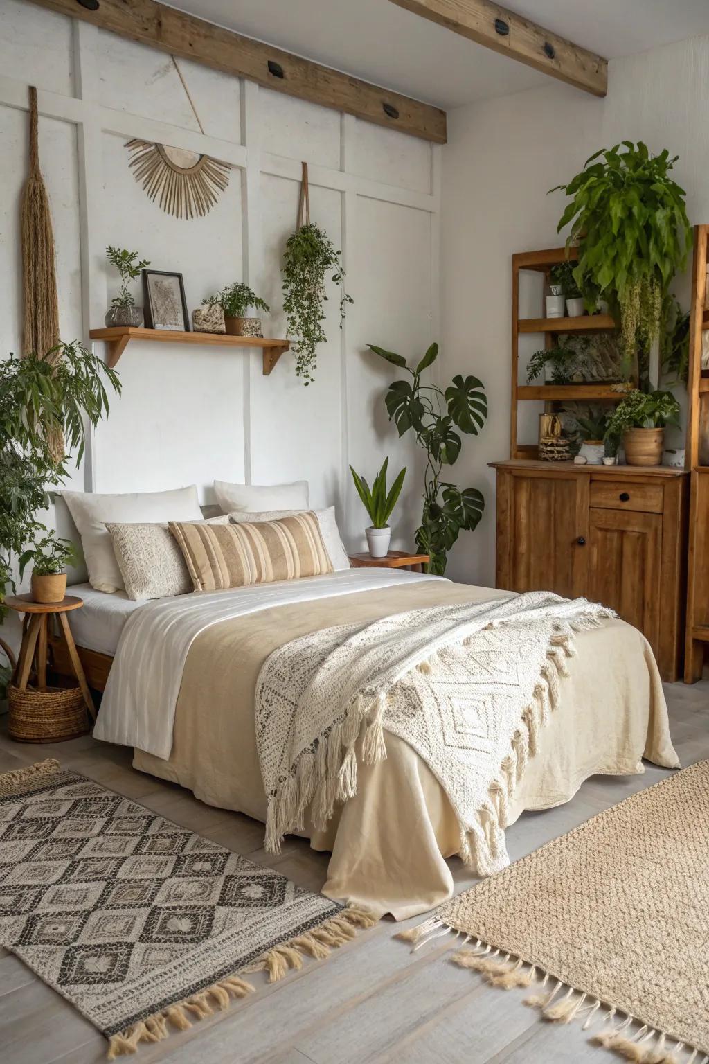 Gentle hues produce a tranquil and unified bohemian ambiance.