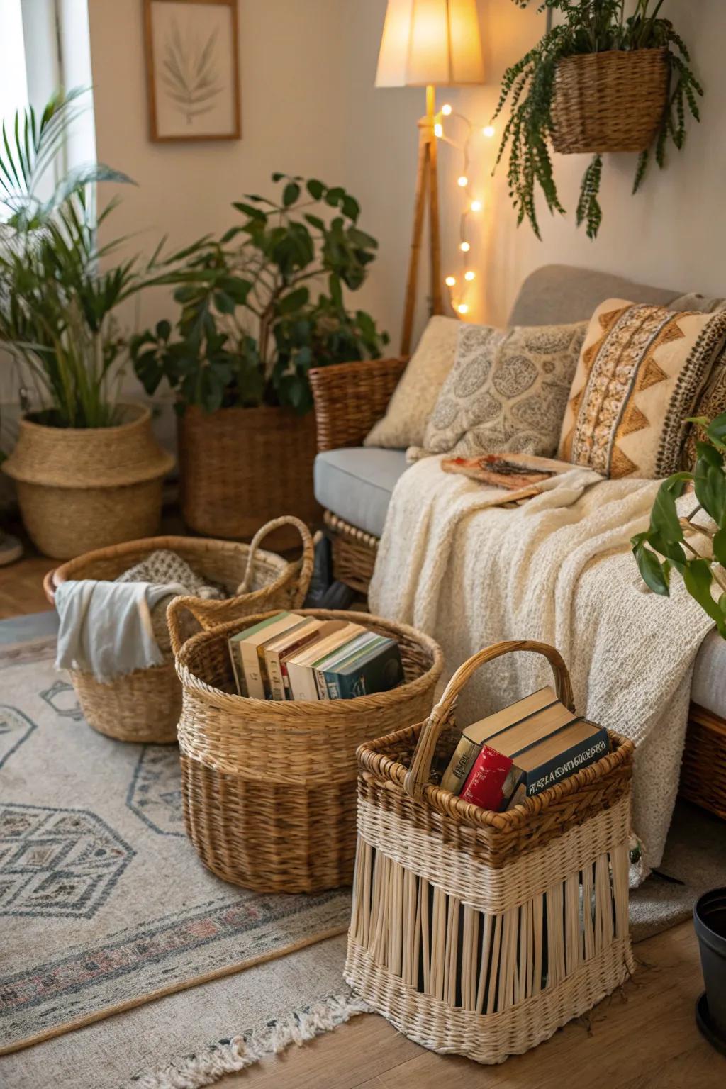 Woven hampers introduce both texture and coziness to your boho abode.
