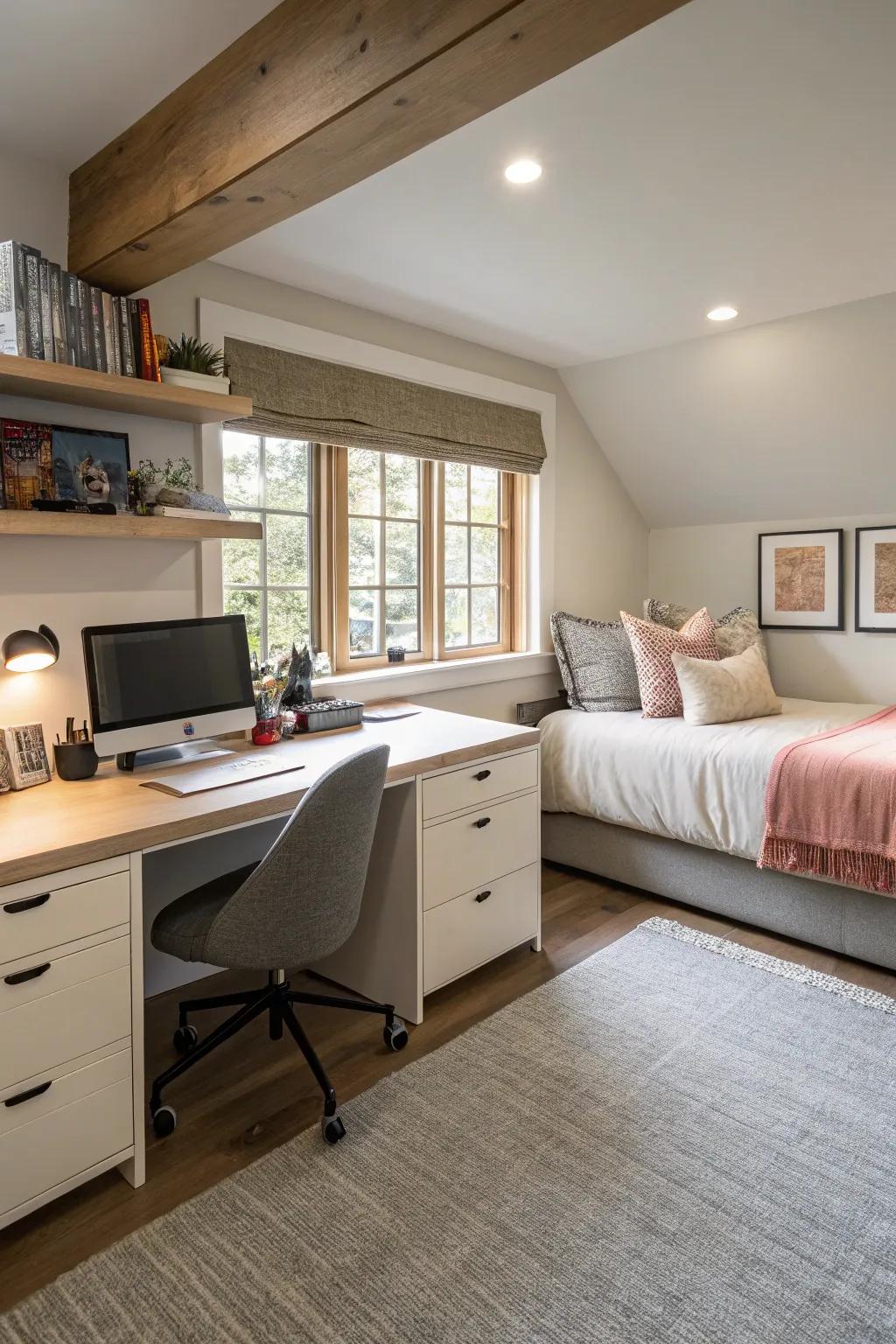 Harmonize work and relaxation with a combined bedroom and office setup.