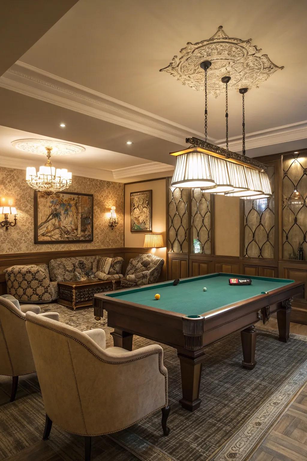 A traditional game room showcased by a billiards table as the prime focus.