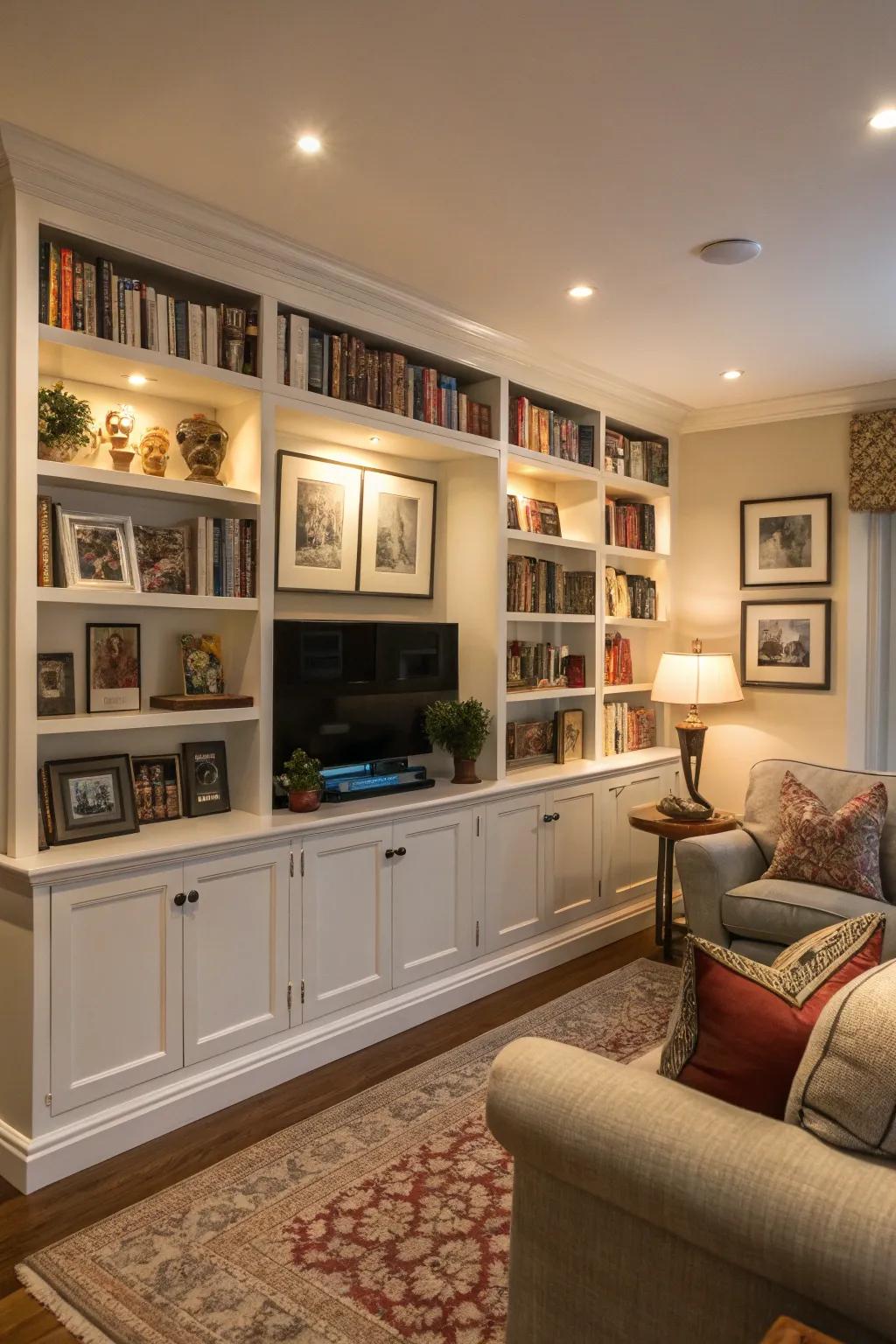 Seamlessly integrated shelving creates a cohesive and stylish look.