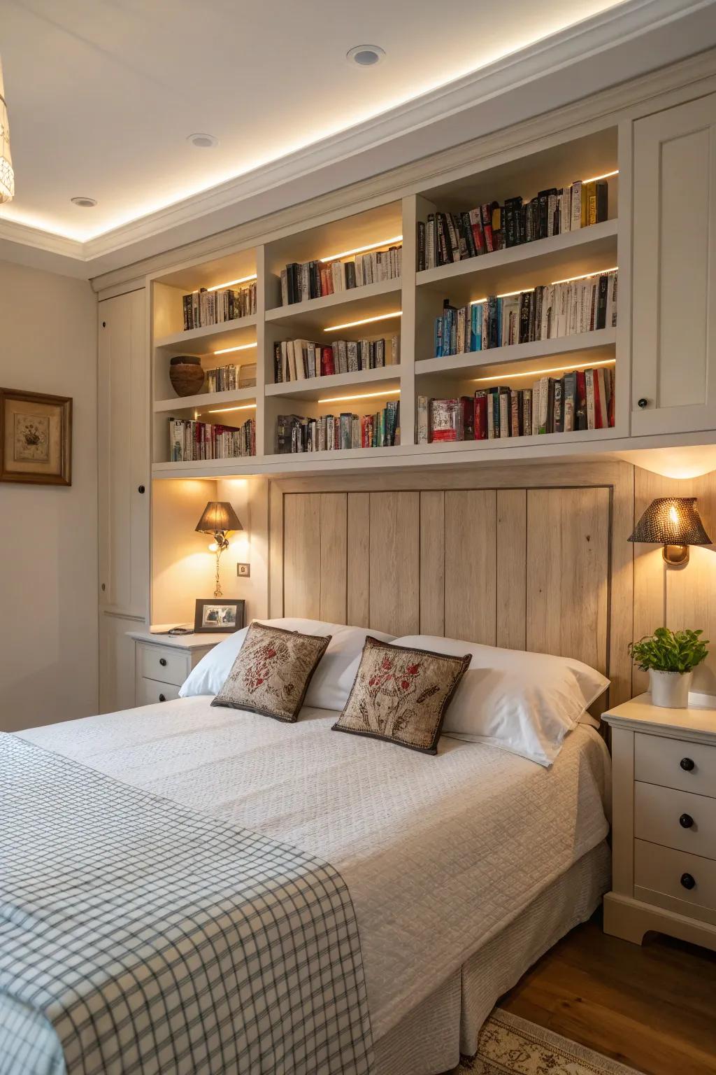 Crafty incorporation of headboard space for bookworms.