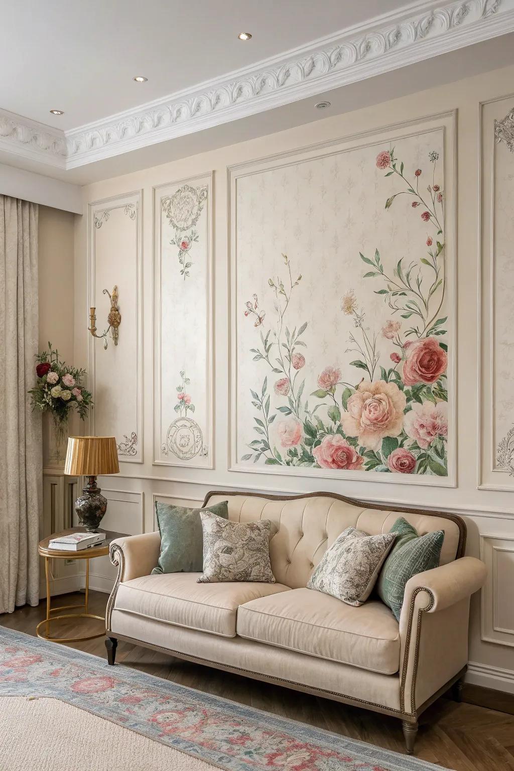 Gentle floral borders evoke a romantic, timeless atmosphere in every room.