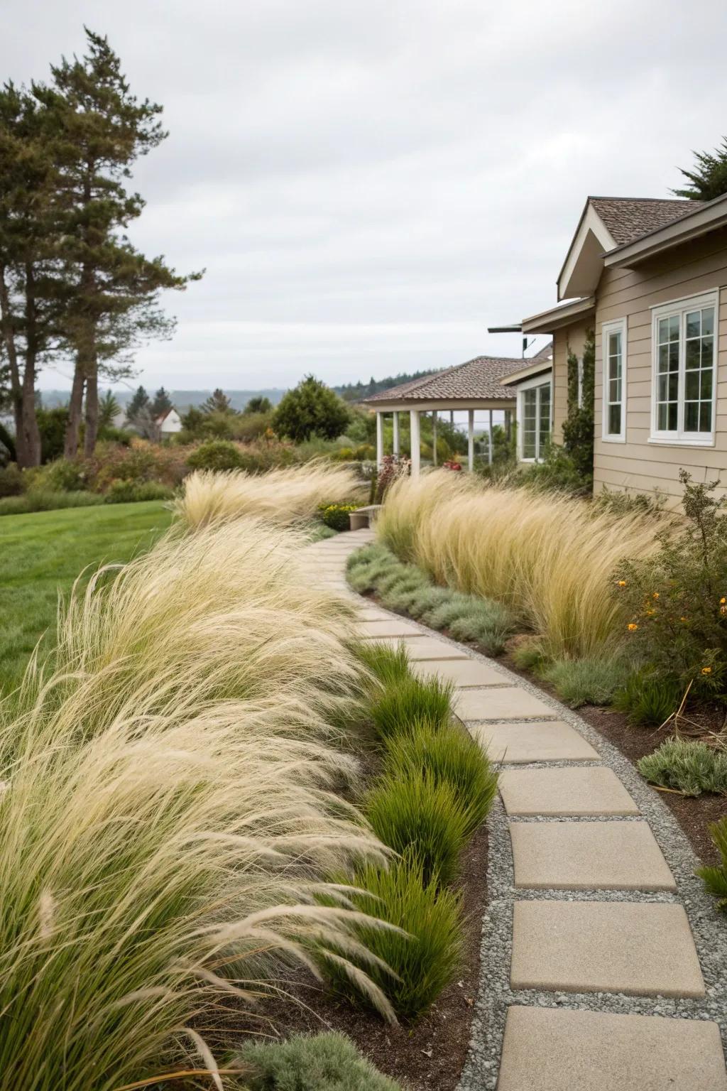 A walkway tastefully bordered with soft Delicate Plume Grass.