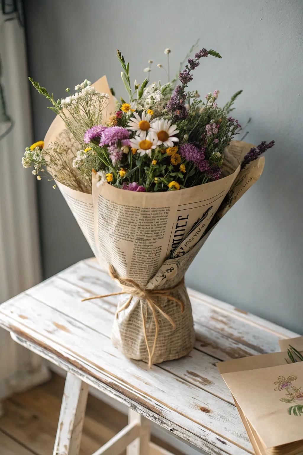 Step into sustainable elegance with a vintage newsprint wrap for your floral designs. 🌿📰