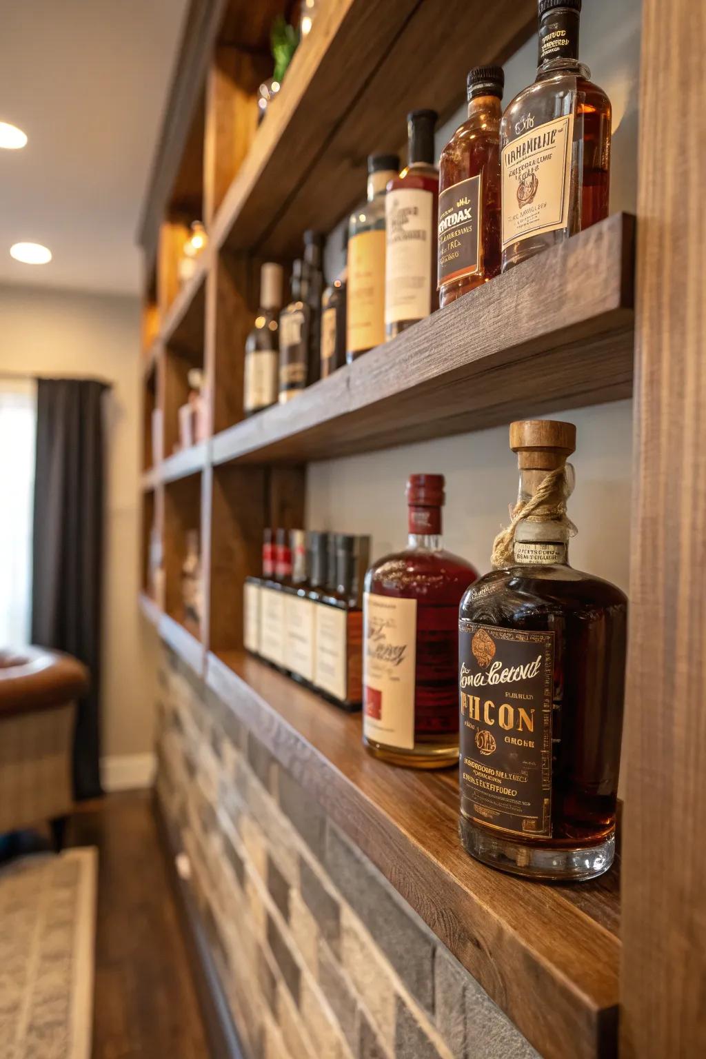 Rustic wall-mounted shelves create a charming bourbon display.