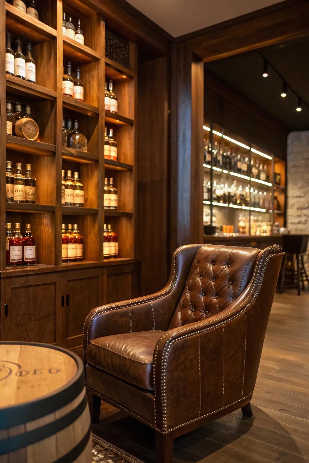 A deluxe leather chair delivers enduring ease to a bourbon space.
