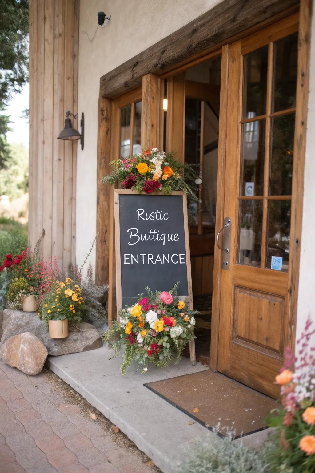 An enchanting slateboard marker lending a tailored feel to a boutique's entrance.