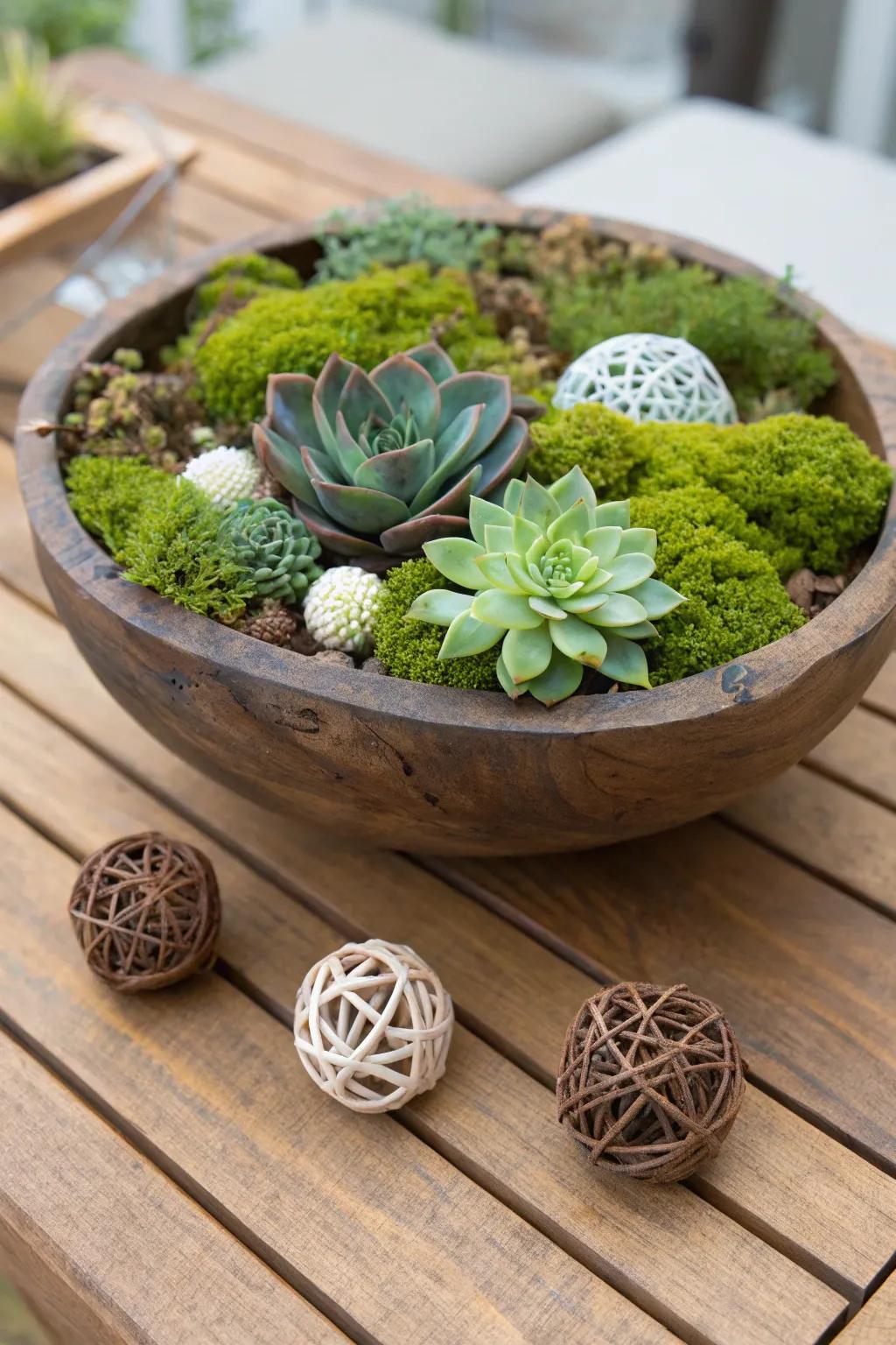 A weathered wooden bowl showcasing a blend of moss and succulents
