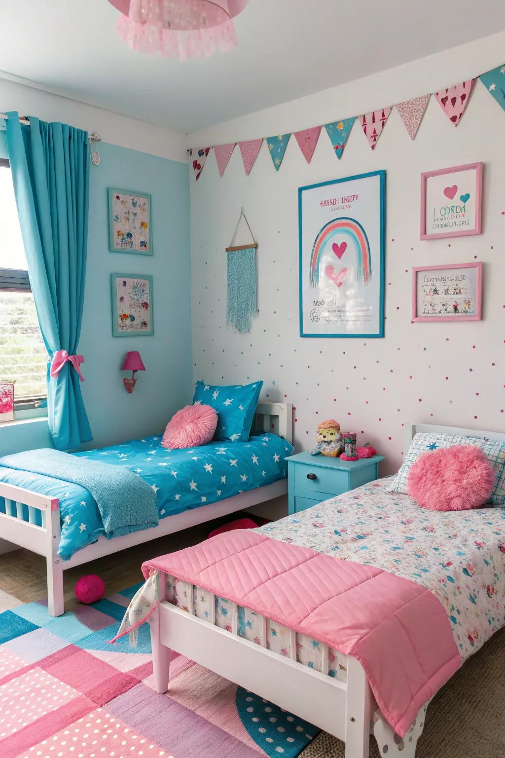 Using contrasting colors like blue and pink helps in creating distinct yet harmonious spaces.