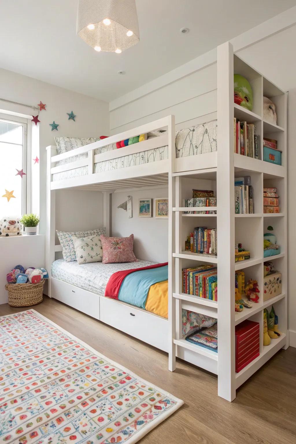 A slim tiered bed opens up space for activities in a shared kids' room.