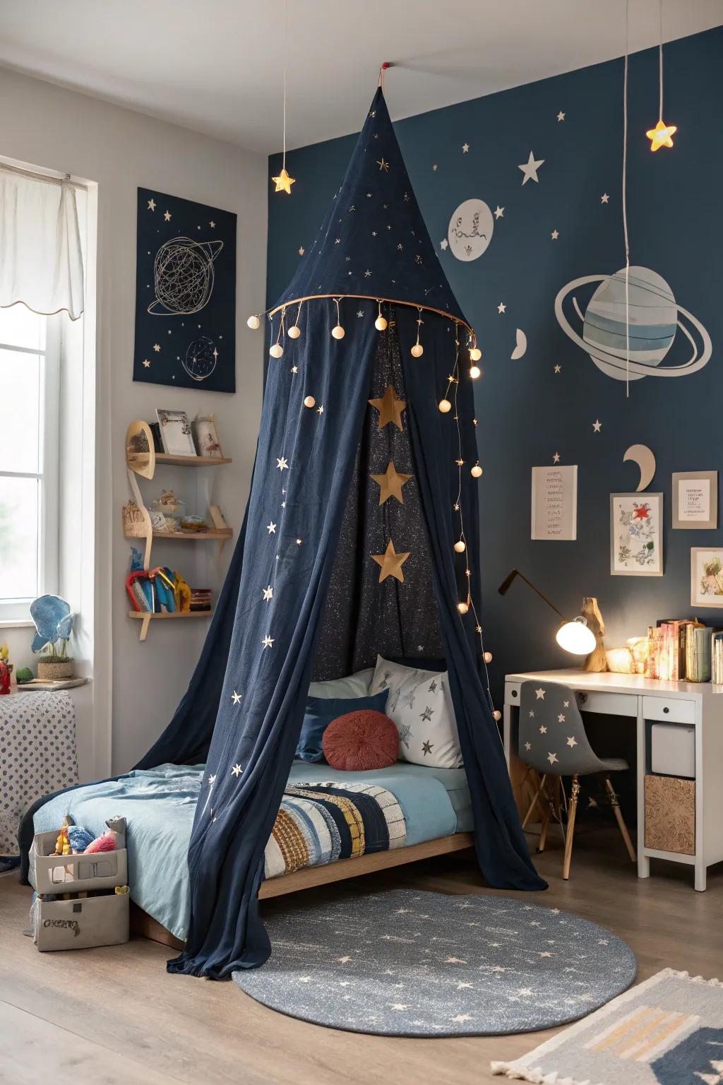 Embark on celestial voyages with a space explorer's canopy bed.
